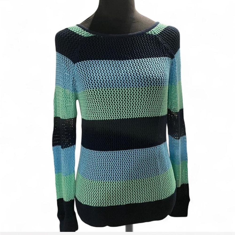 525 America Open-Knit Striped Crewneck Sweater in Navy, Light Blue & Mint